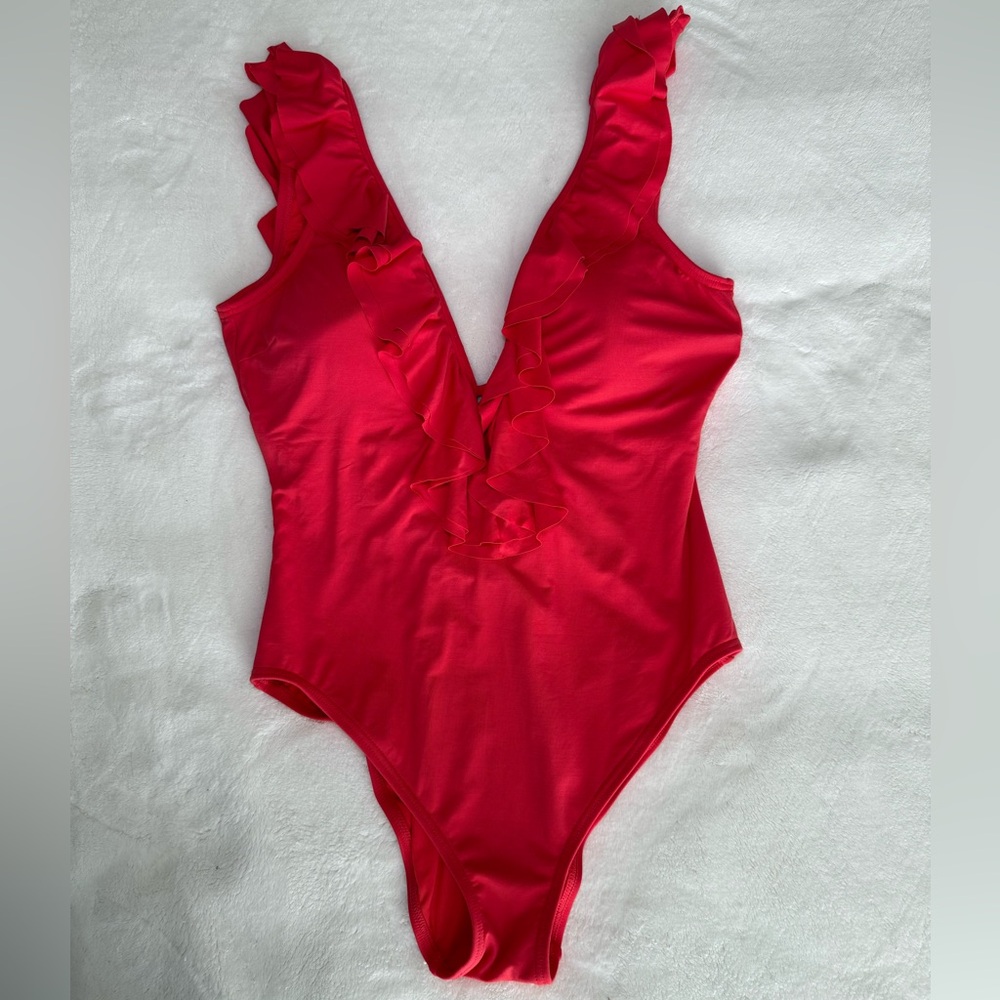 Michael Kors Red One-Piece Swimsuit with Plunging V-Neck & Ruffles - Size: L